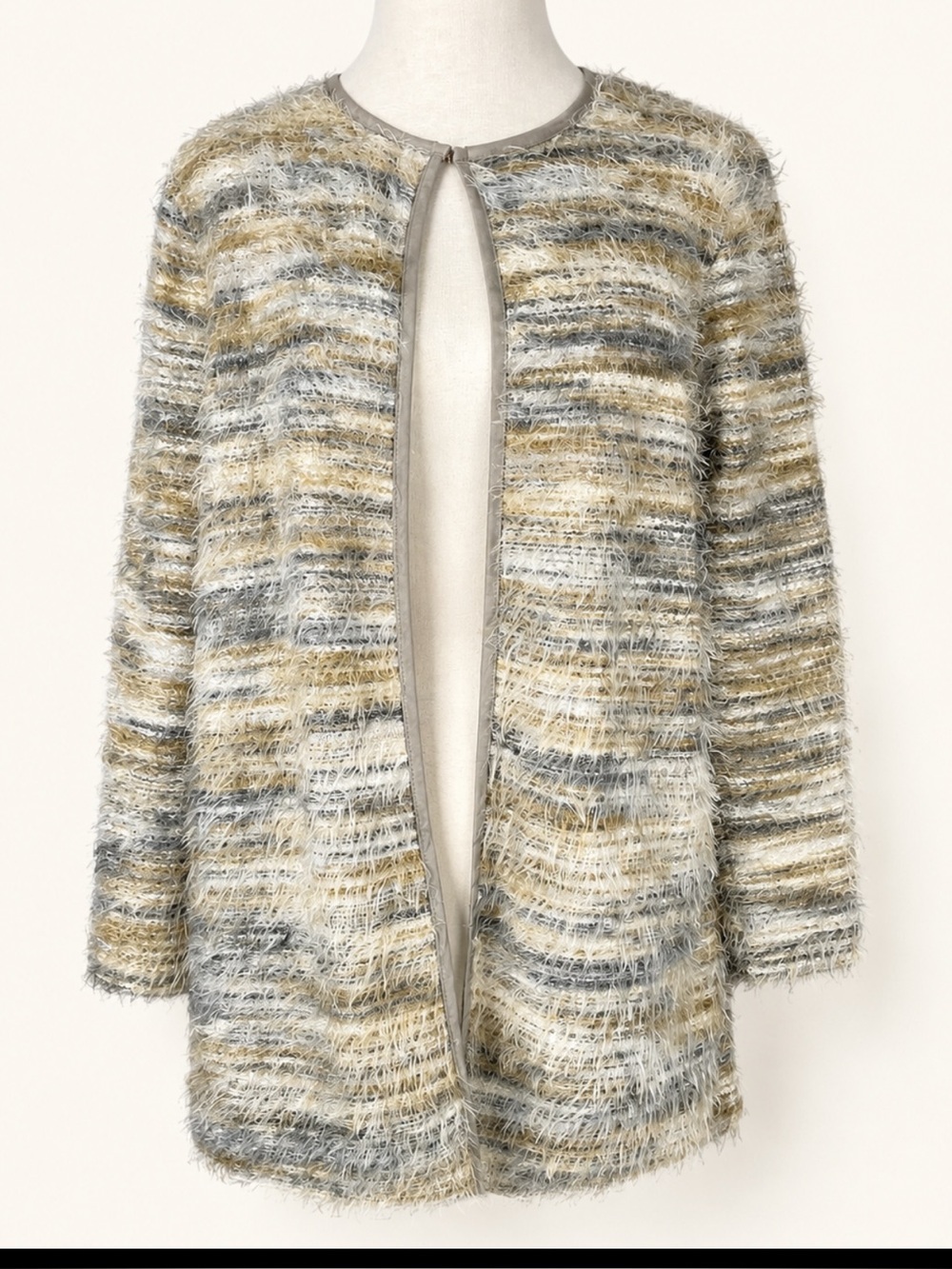 Calvin Klein Eyelash Knit Open Cardigan Sweater Neutral Stripe Soft Texture Sz S